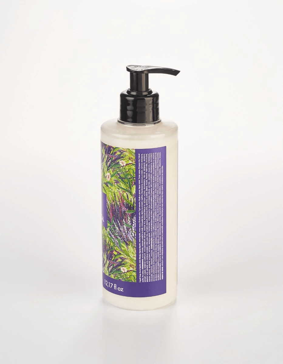 Visão lateral do frasco do sabonete Phebo Origens Alfazema 360ml