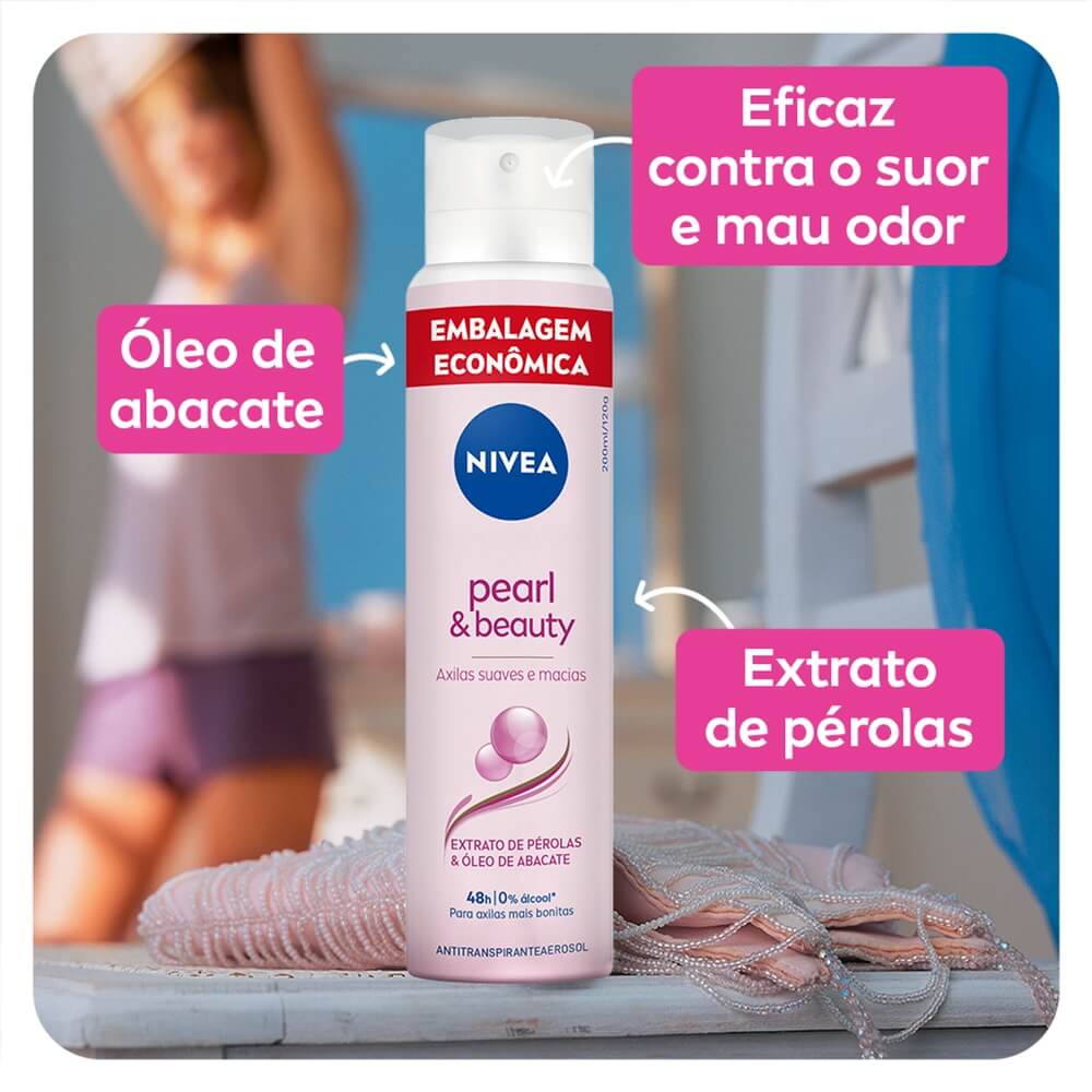 Desodorante Nivea Pearl & Beauty 200ml em ambiente com destaque para ingredientes e benefícios