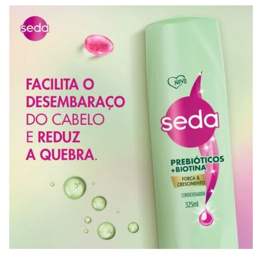 Condicionador Seda Força & Crescimento 325ml em fundo promocional com cápsula mostrando ingredientes