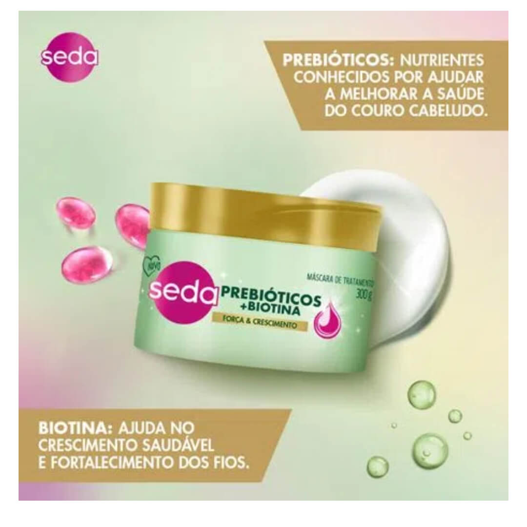 Embalagem inclinada com destaque dos benefícios: prebióticos e biotina