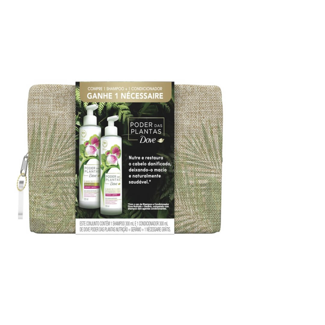 Kit Dove Poder das Plantas: shampoo 300ml, condicionador 300ml e nécessaire bege