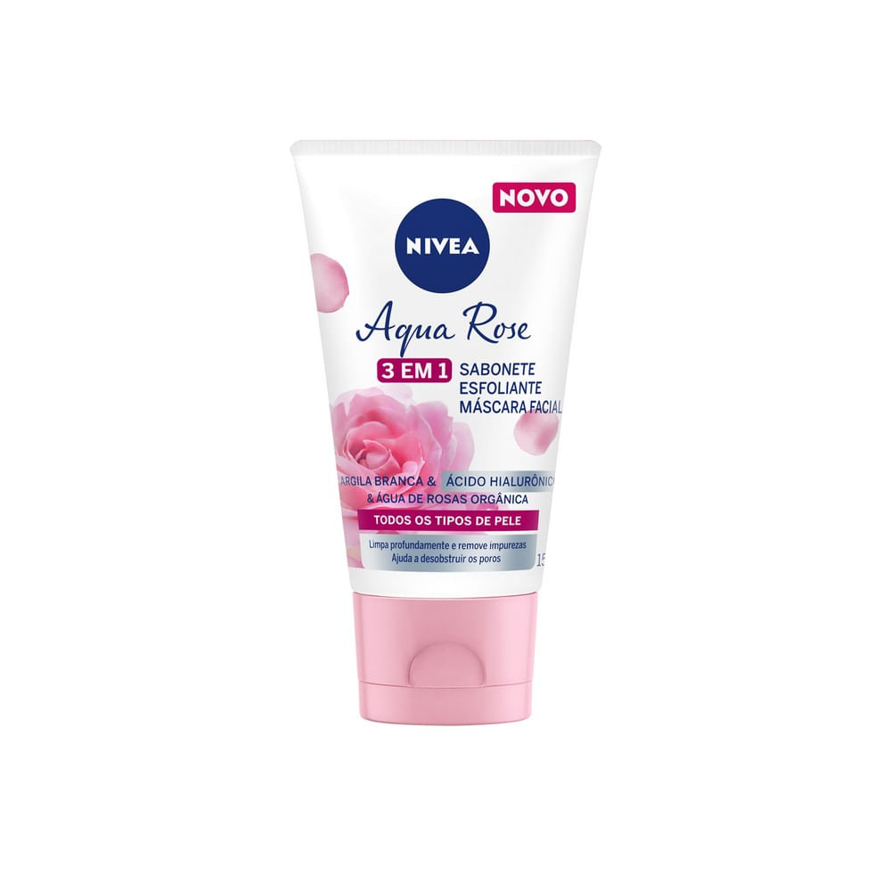 Detalhe da bisnaga Nivea Aqua Rose destacando ingredientes e indicação para todos os tipos de pele
