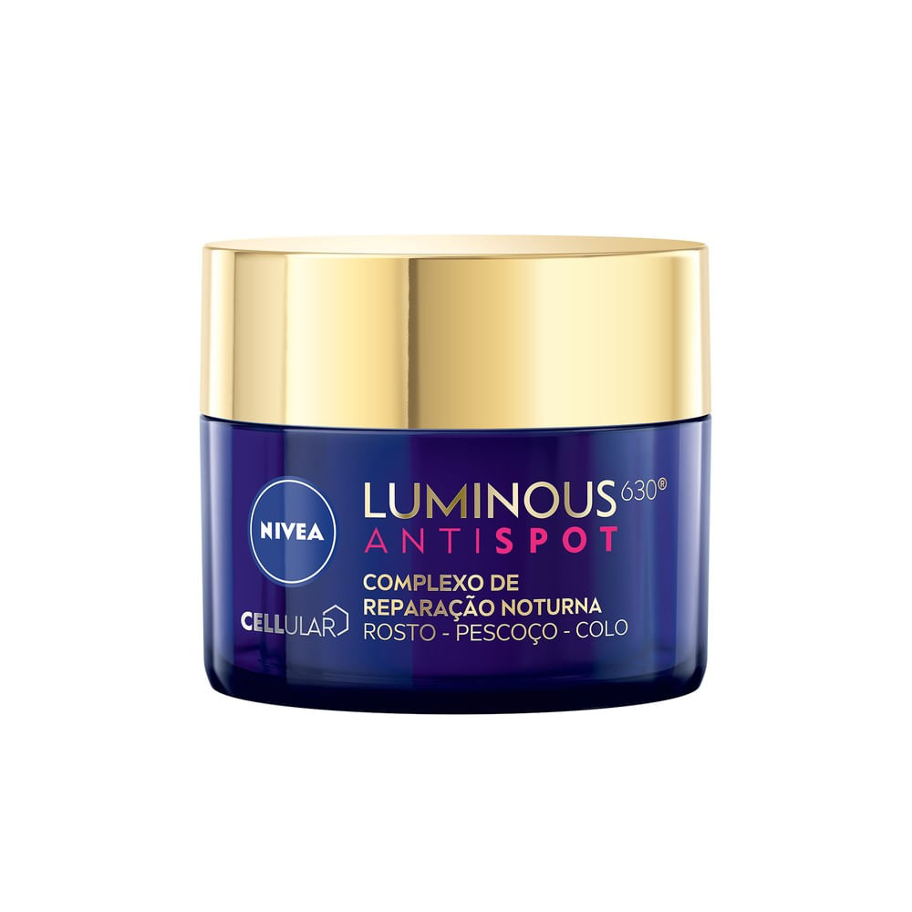 Pote do NIVEA Luminous 630 Complexo de Reparação Noturna 50ml em azul escuro com tampa dourada