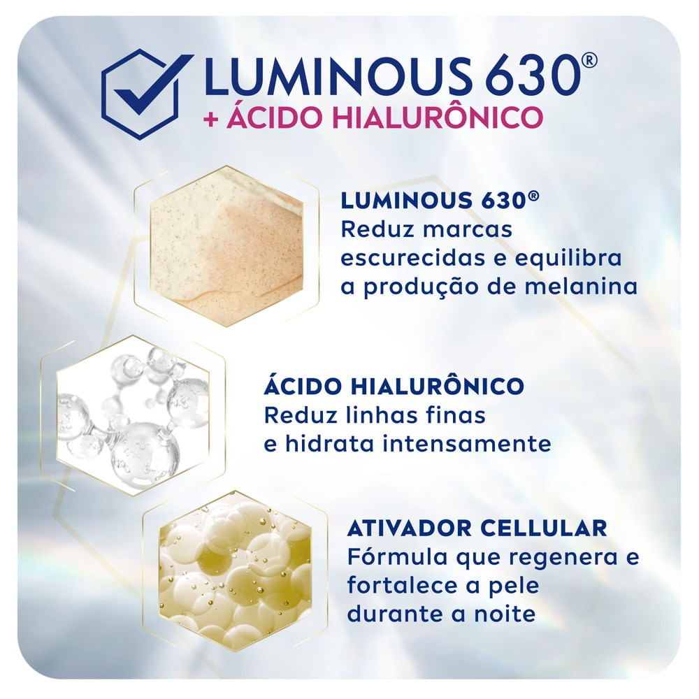 Ingredientes ativos do NIVEA Luminous 630: Luminous630®, ácido hialurônico e ativador celular