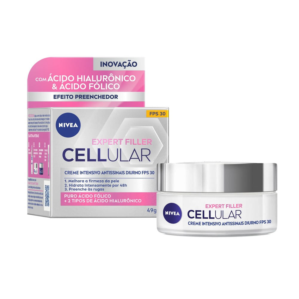 Creme Nivea Cellular ao lado da embalagem mostrando benefícios