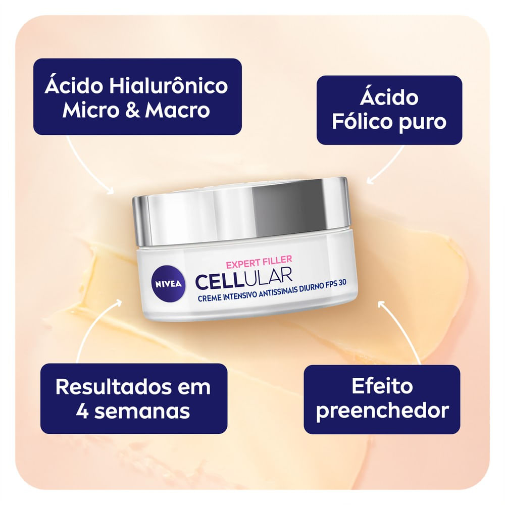 Pote do creme Nivea Cellular com destaque aos ingredientes e resultados