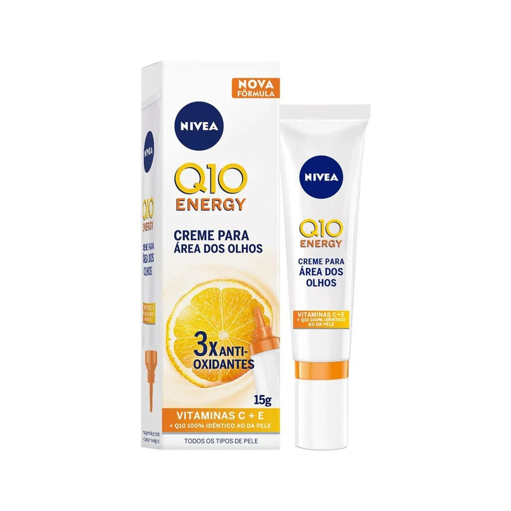Detalhe da embalagem NIVEA Q10 Energy com informações da fórmula e 15g