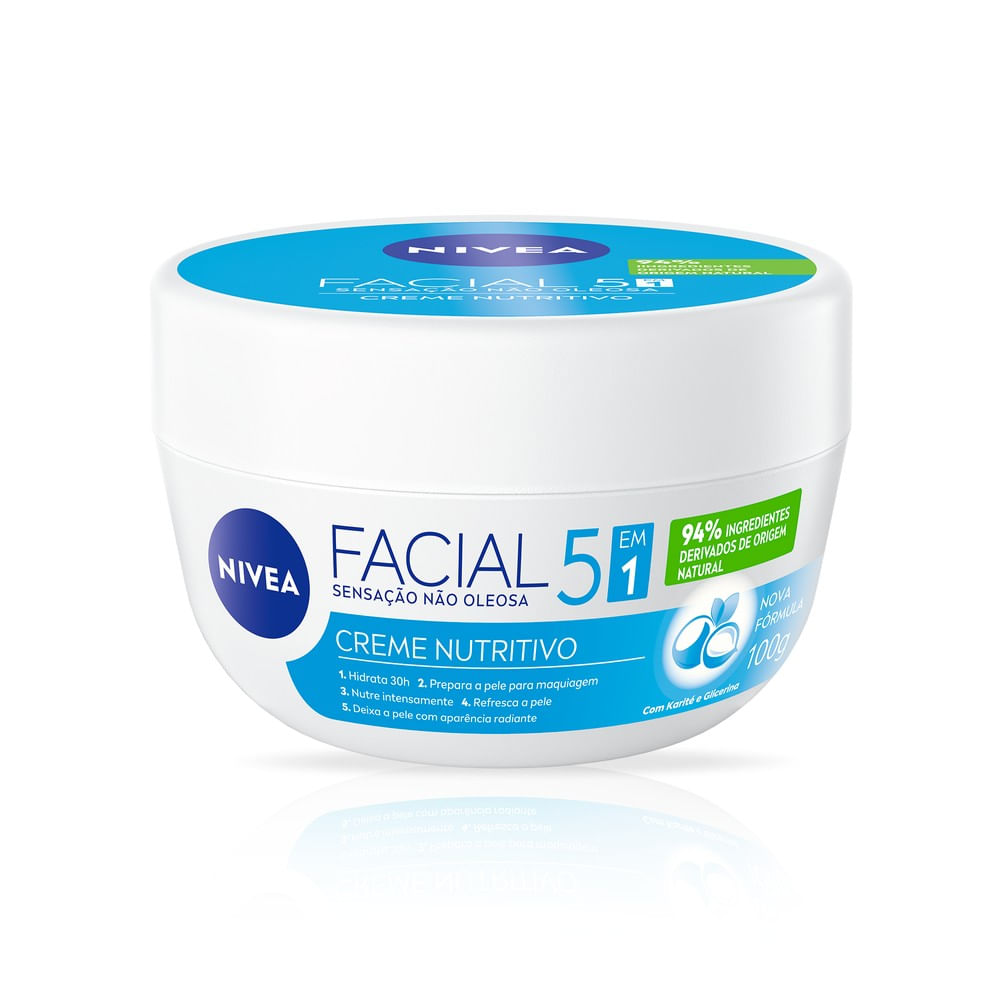 Pote branco do Creme Facial Nivea Nutritivo 100g com tampa azul, rótulo destacando 94% ingredientes naturais