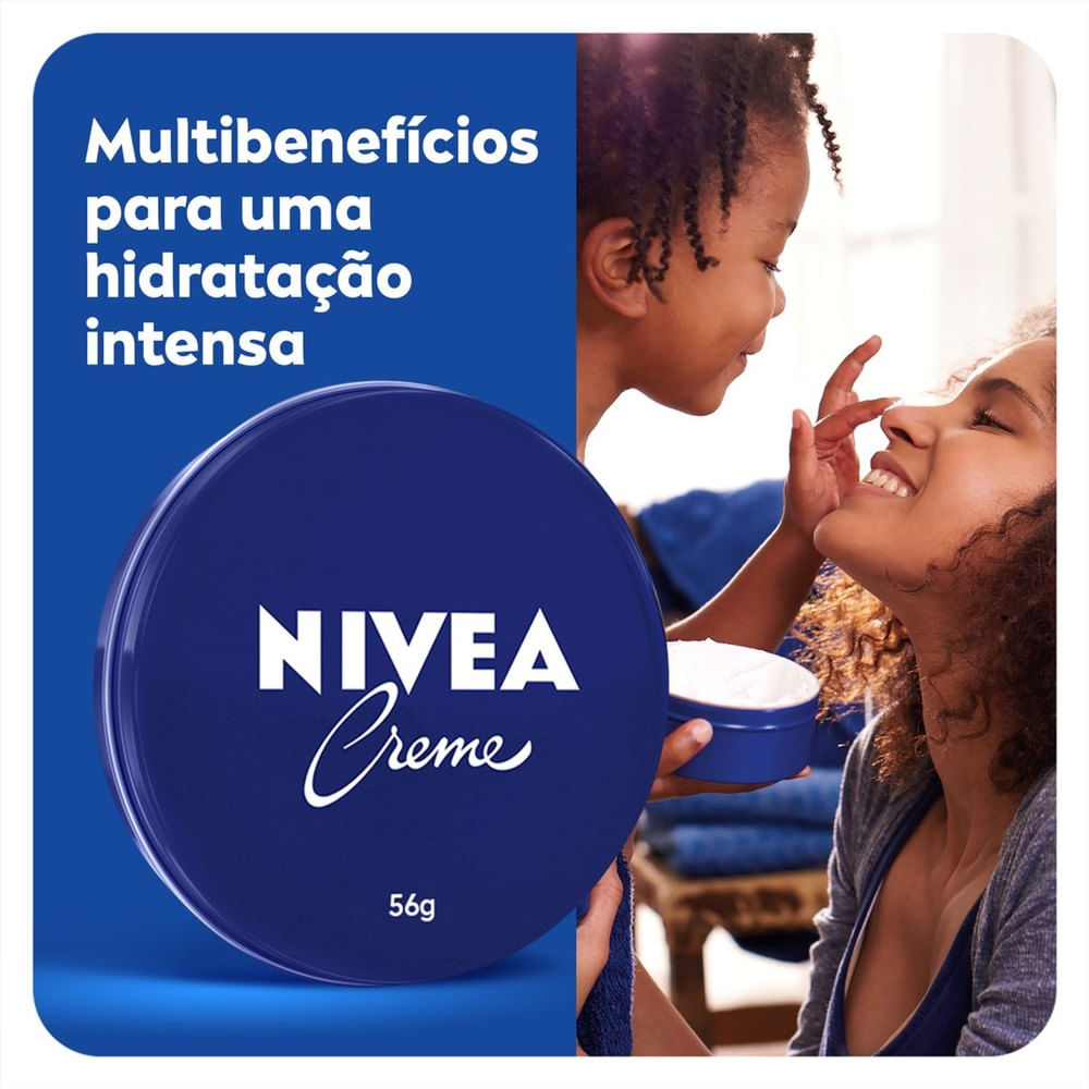 Lata NIVEA 56g e imagem de mãe e filho mostrando aplicação do creme