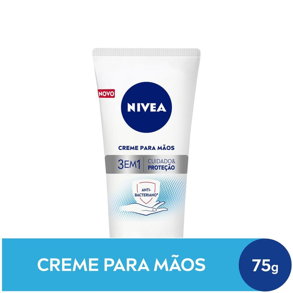 Creme para mãos Nivea 3 em 1 Ação Antibacteriana 75g, embalagem branca com tampa azul