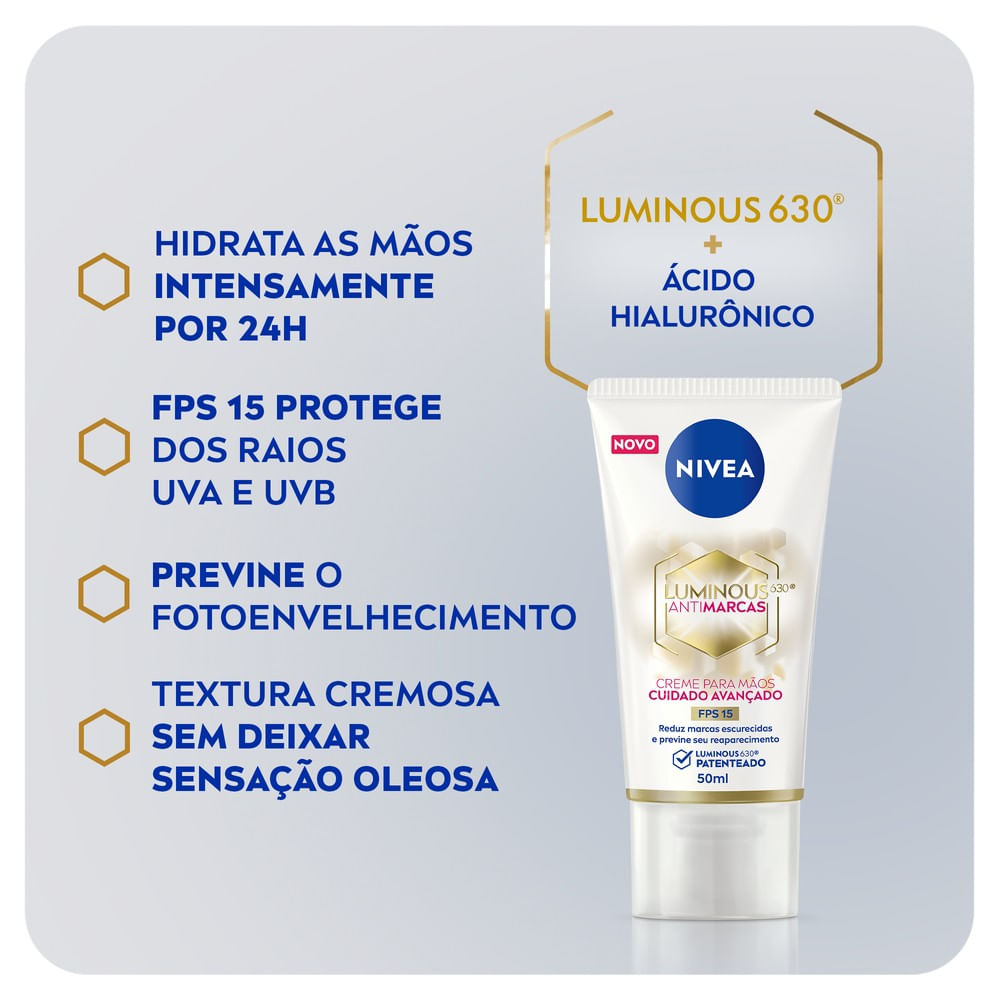 Embalagem do Creme para Mãos Nivea Luminous 630 FPS15 destacando benefícios