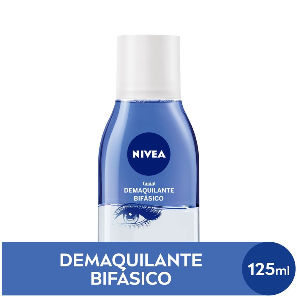 Demaquilante Bifásico NIVEA 125ml embalagem transparente com líquido azul e claro