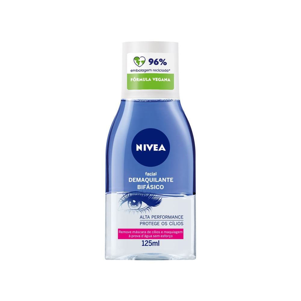 Frente do Demaquilante Bifásico NIVEA 125ml com selo embalagem reciclada e fórmula vegana