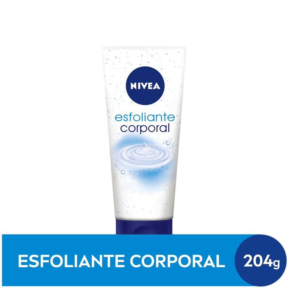 Tubo frontal do esfoliante corporal NIVEA 200ml com partículas azuis na textura e tampa azul escura