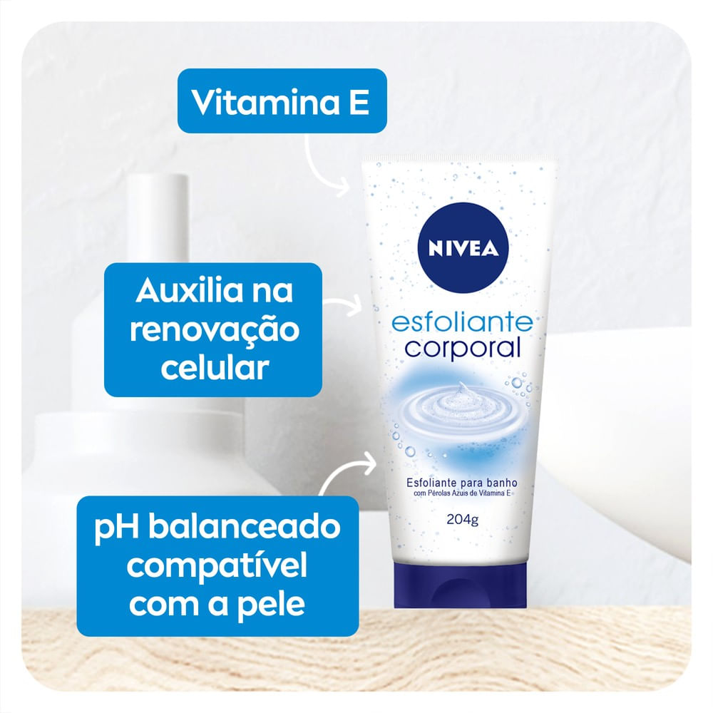 Esfoliante corporal NIVEA 200ml com destaque para pH balanceado, vitamina E e micropartículas azuis