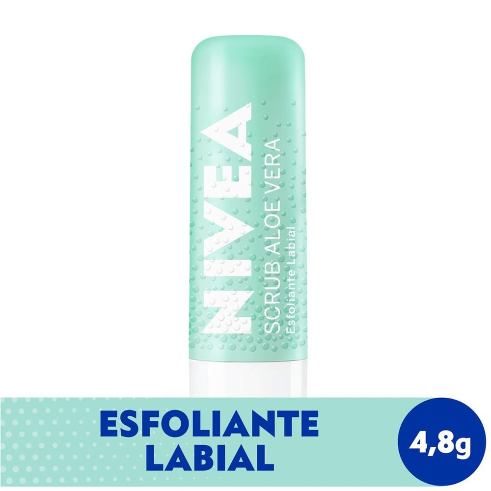Scrub Esfoliante Labial NIVEA Aloe Vera 4,8g embalagem bastão verde claro sobre fundo branco