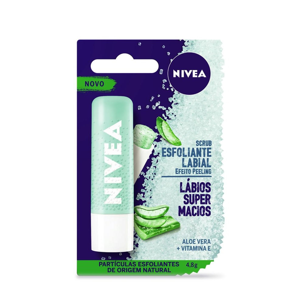 Embalagem e cartão do Scrub Esfoliante Labial NIVEA com imagens de aloe vera e cristais esfoliantes