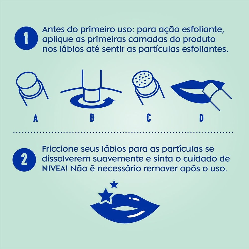 Infográfico com instruções de uso do Scrub Esfoliante Labial NIVEA em fundo verde claro