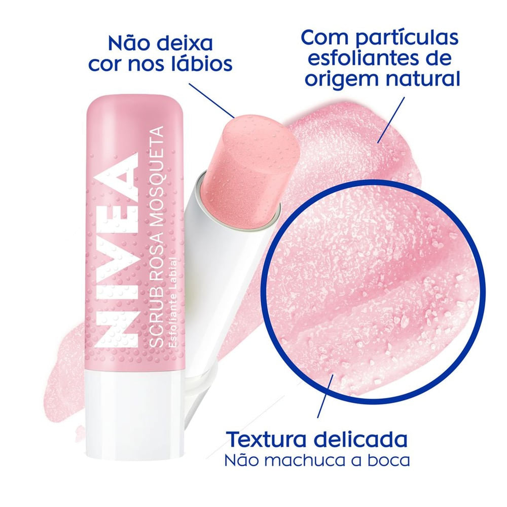 Imagem explicativa do Scrub Esfoliante Labial NIVEA destacando partículas esfoliantes naturais