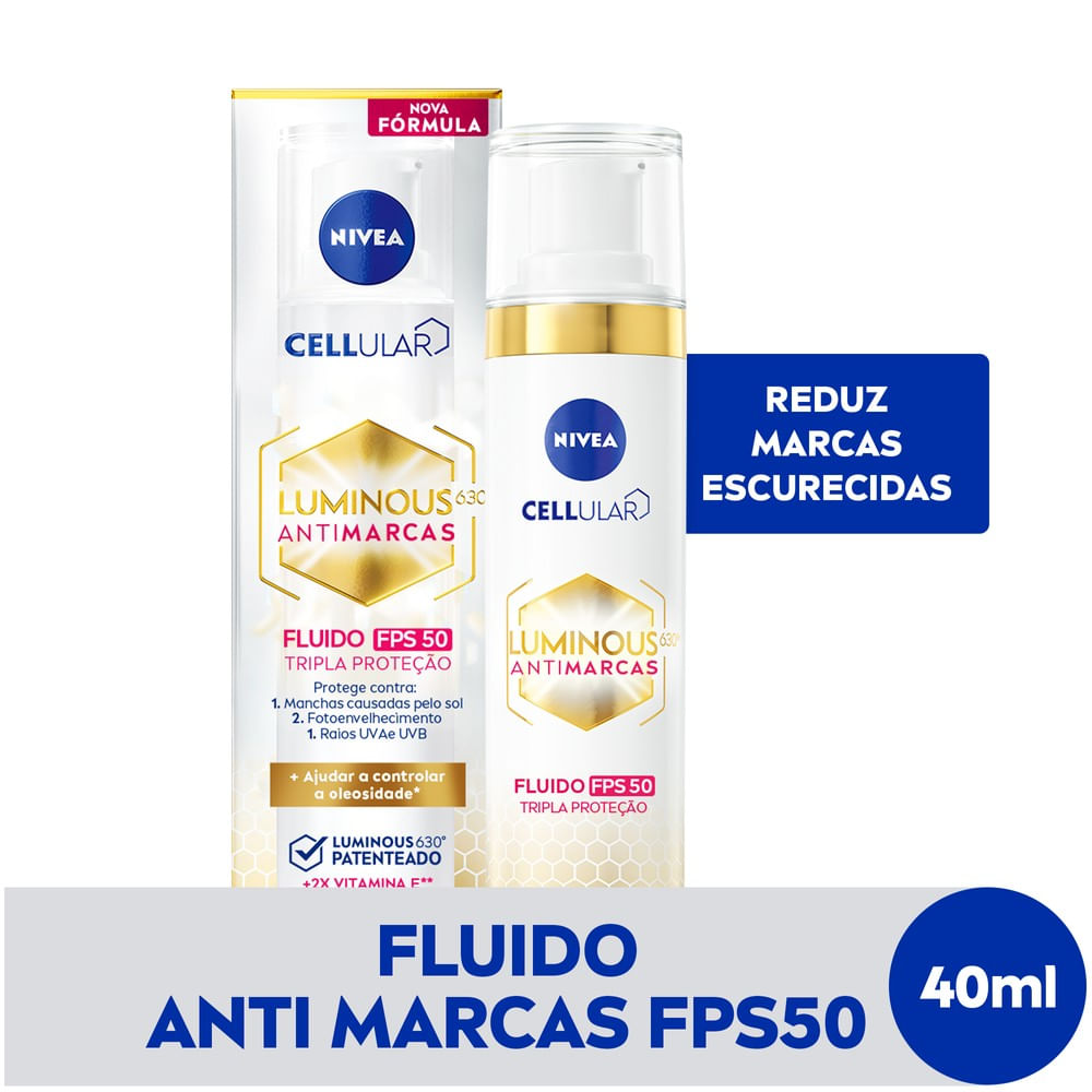 Fluido Facial NIVEA Luminous 630º FPS 50 40ml embalagem branca com detalhes dourados
