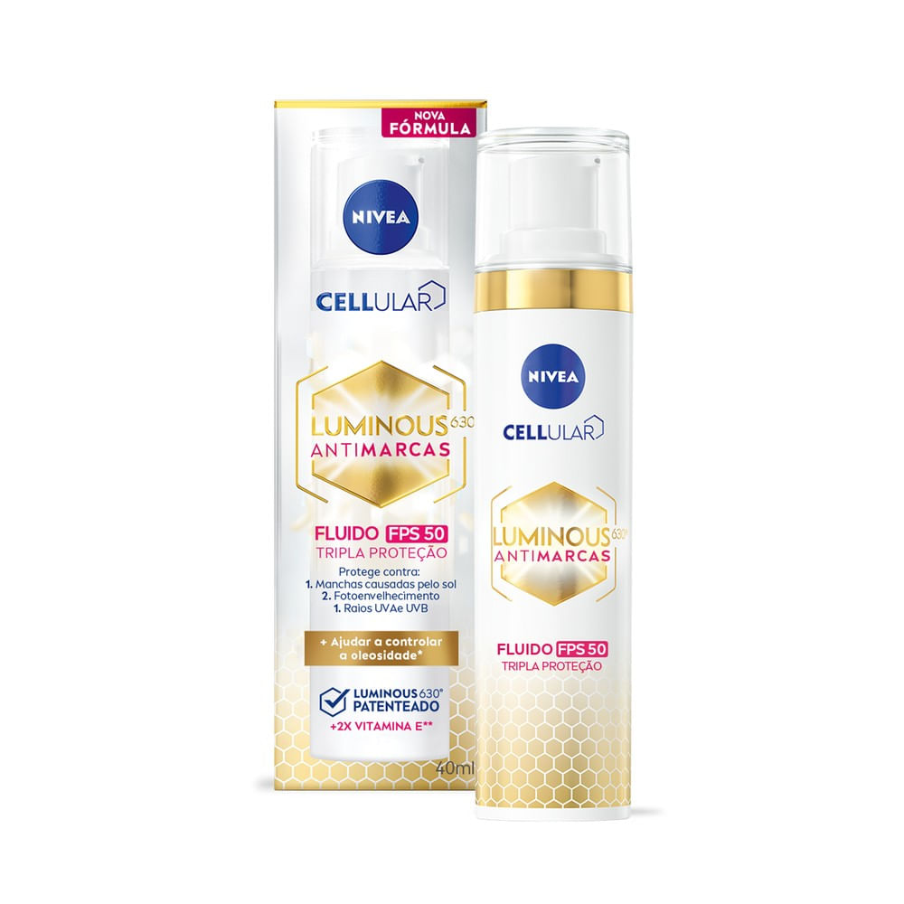 Detalhe da embalagem do Fluido Facial NIVEA Luminous 630º mostrando rótulo e benefícios