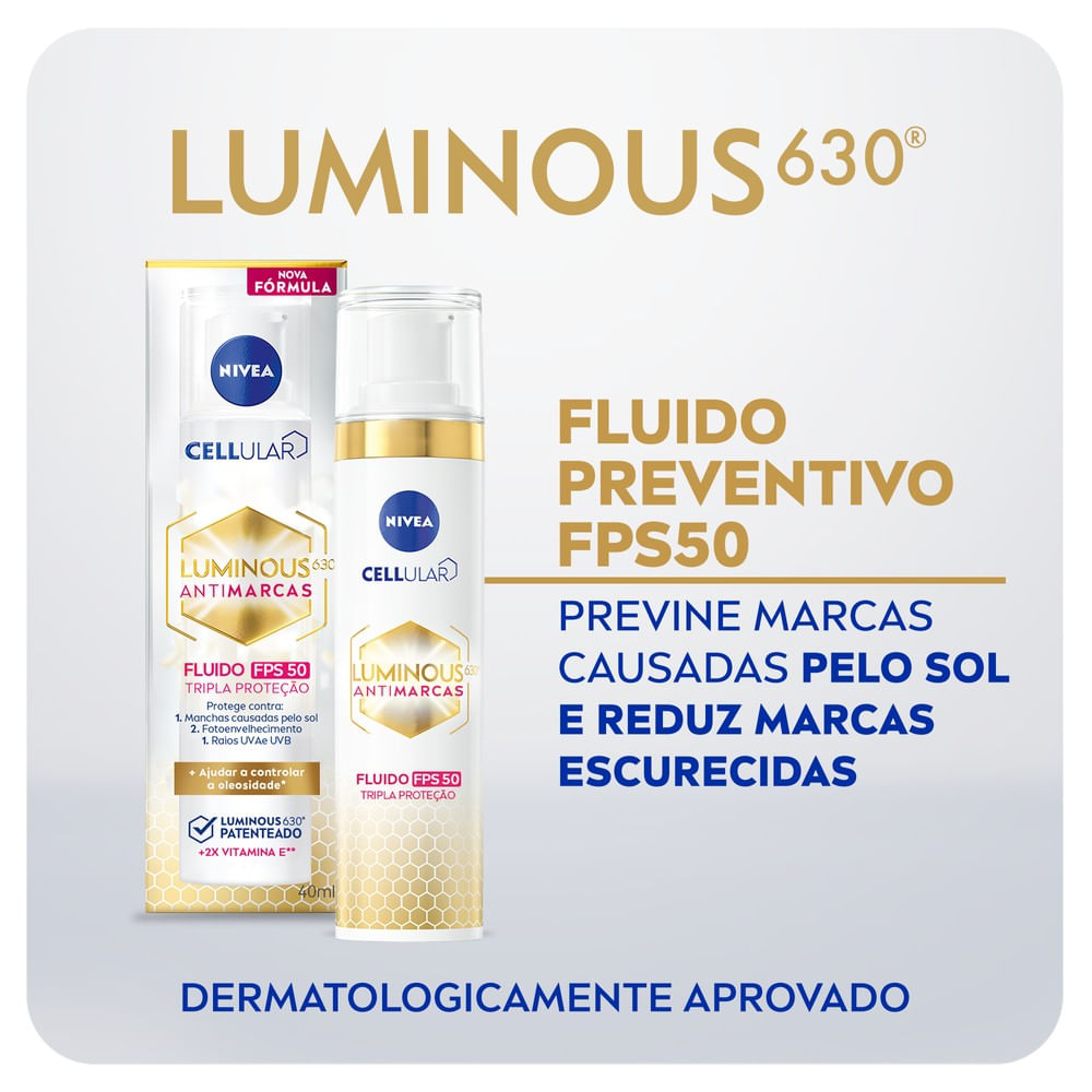 Fluido Facial NIVEA Luminous 630º FPS 50 em embalagem branca com detalhes dourados