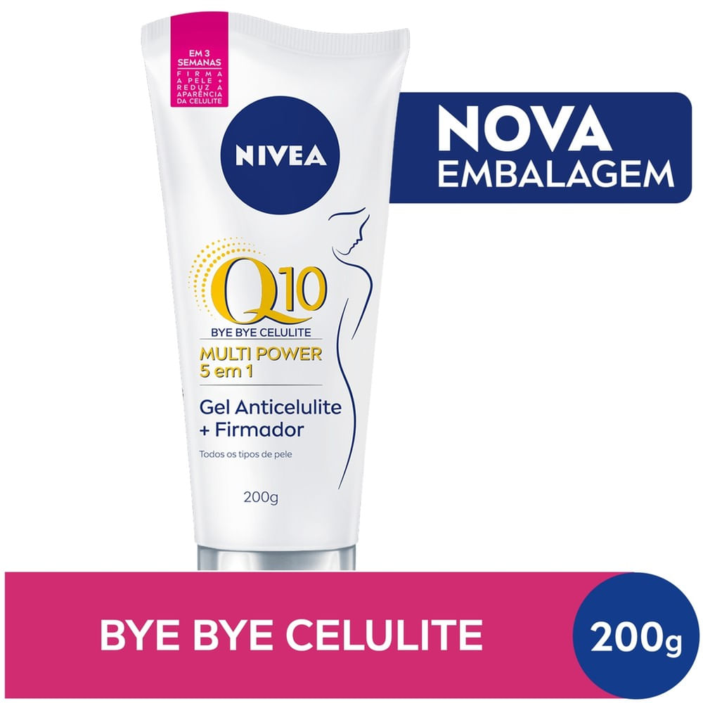 NIVEA Gel Corporal Bye Bye Celulite Firmador 201g embalagem branca com detalhes azul e dourado