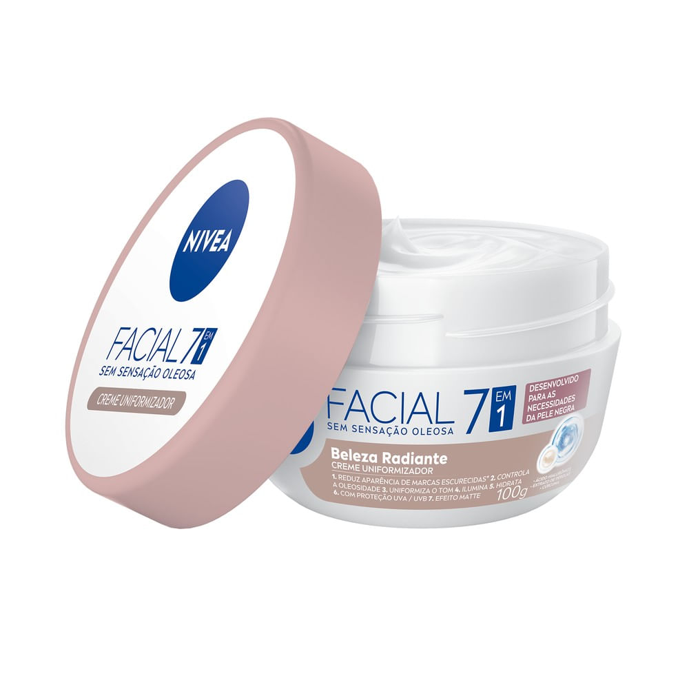 Frasco aberto do Hidratante Facial NIVEA 7 em 1 Beleza Radiante 100g