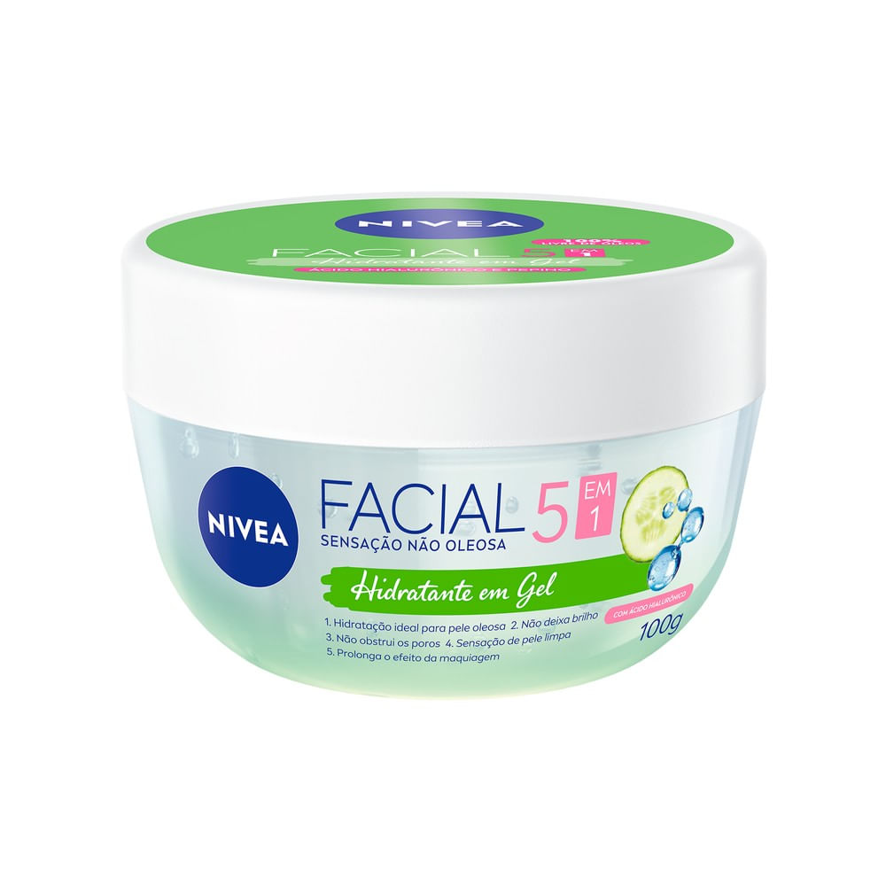 Creme facial Nivea em gel com ácido hialurônico e pepino, embalagem transparente com tampa branca