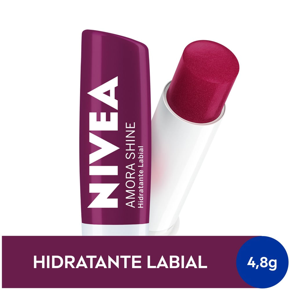 Hidratante Labial Nivea Amora Shine 4,8g - embalagem branca e tampa roxa, brilho bordô