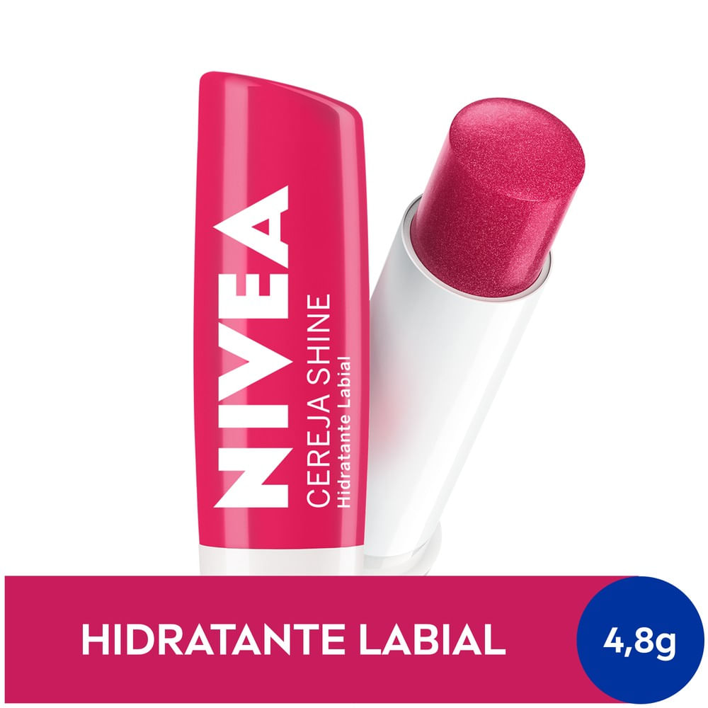 Hidratante Labial NIVEA Cereja Shine 4,8g com tubo aberto mostrando cor cereja e brilho