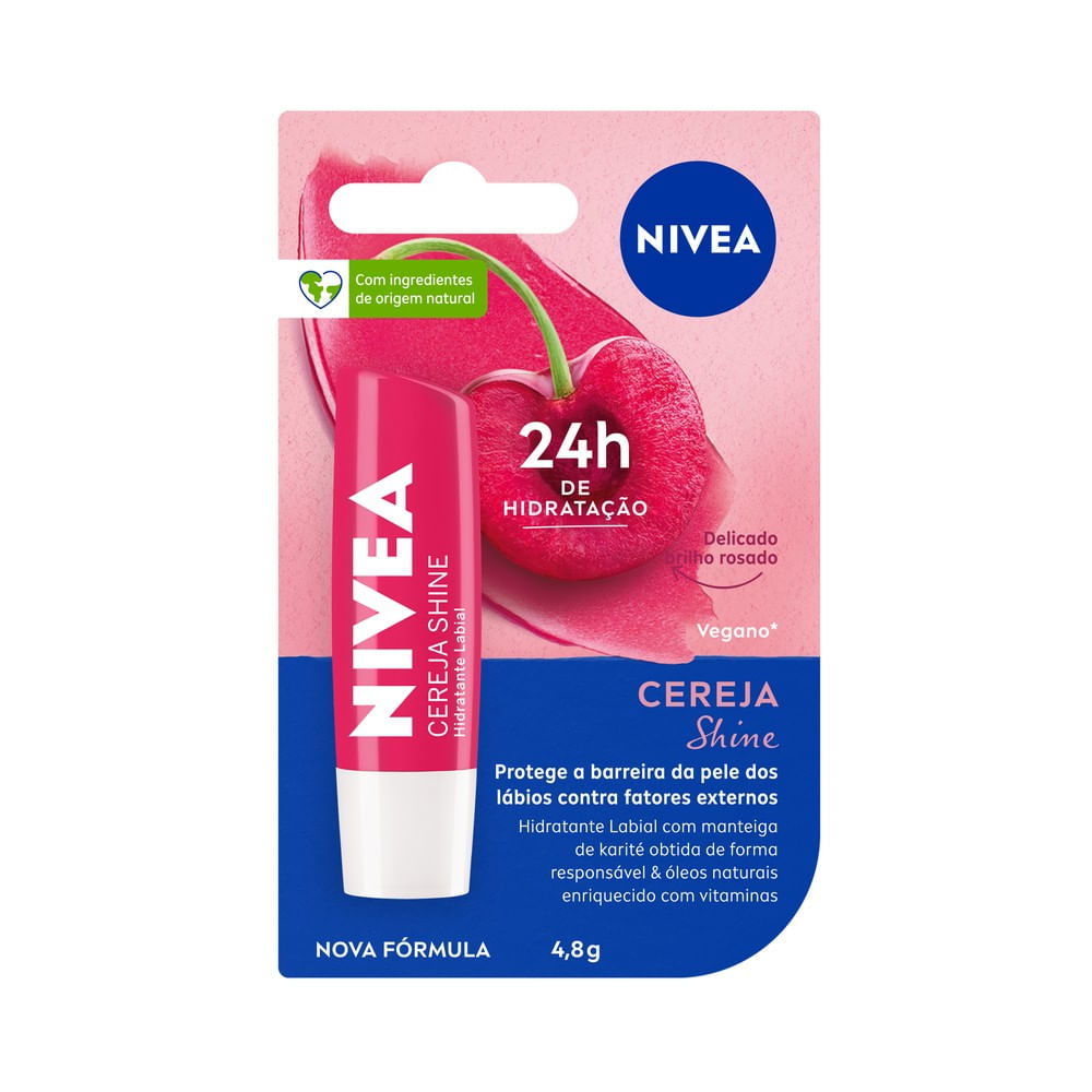 Embalagem do NIVEA Cereja Shine destacando ingredientes naturais e 24h de hidratação