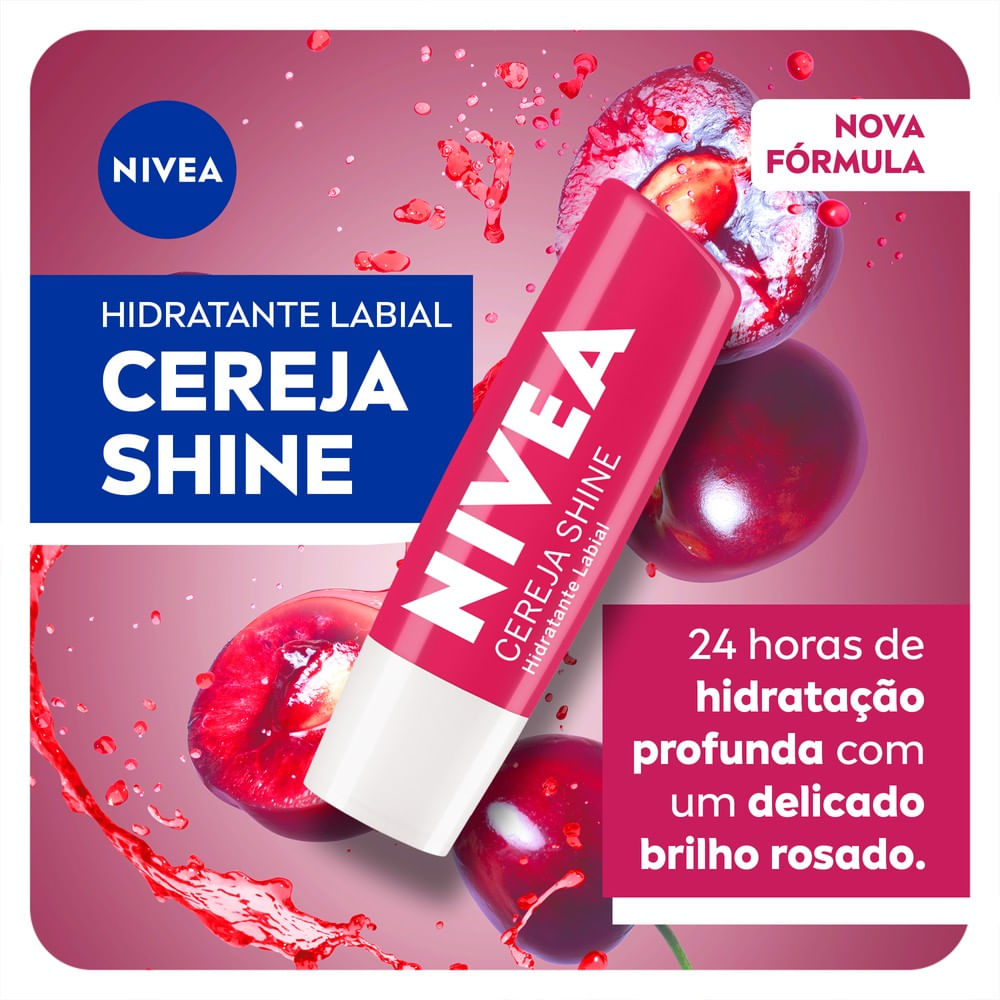Produto NIVEA Cereja Shine com cerejas frescas ao fundo e gotas que ilustram hidratação