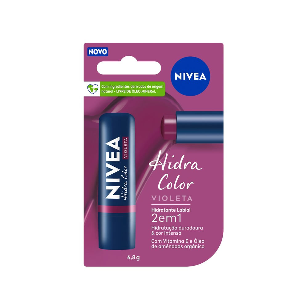 Embalagem do protetor labial Nivea Color Hidra Color Violeta fechado e bastão aberto