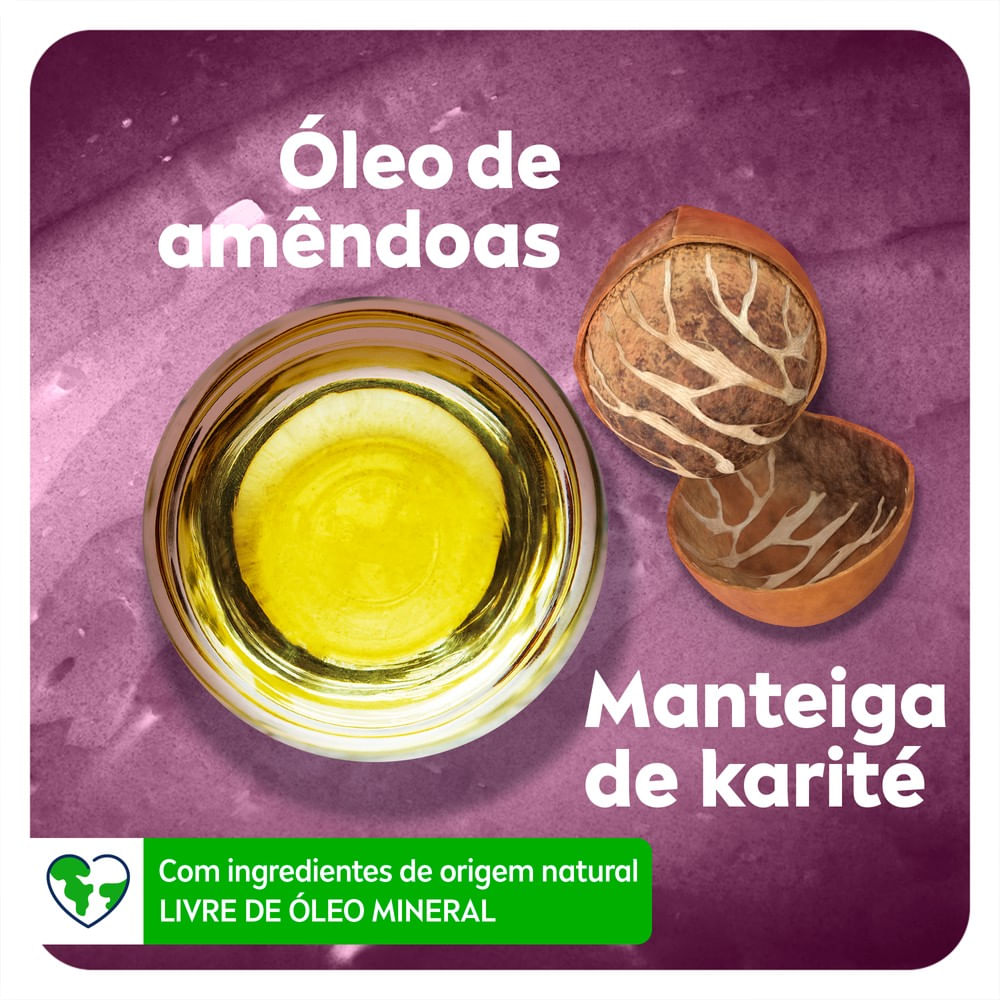 Ingredientes naturais: óleo de amêndoas e manteiga de karité ao lado do bastão violeta
