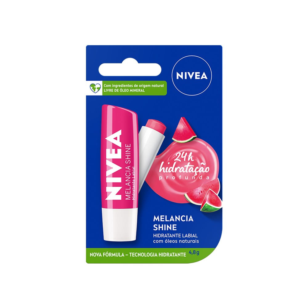 Embalagem comercial NIVEA Melancia Shine com destaque para 24h hidratação e óleos naturais