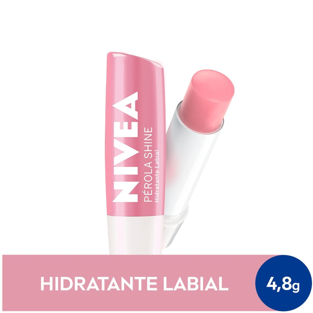 Hidratante Labial NIVEA Pérola Shine aberto sobre fundo branco