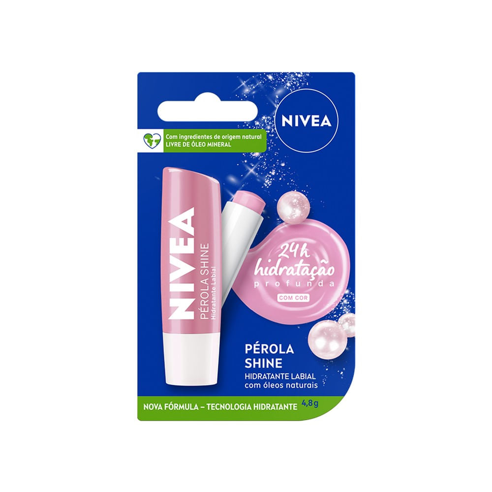 Embalagem do NIVEA Hidratante Labial Pérola Shine destacando 24h de hidratação