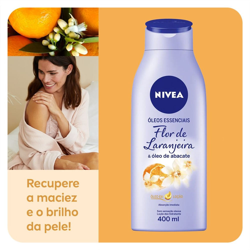 Loção NIVEA Óleos Essenciais em fundo laranja com flores e frutas