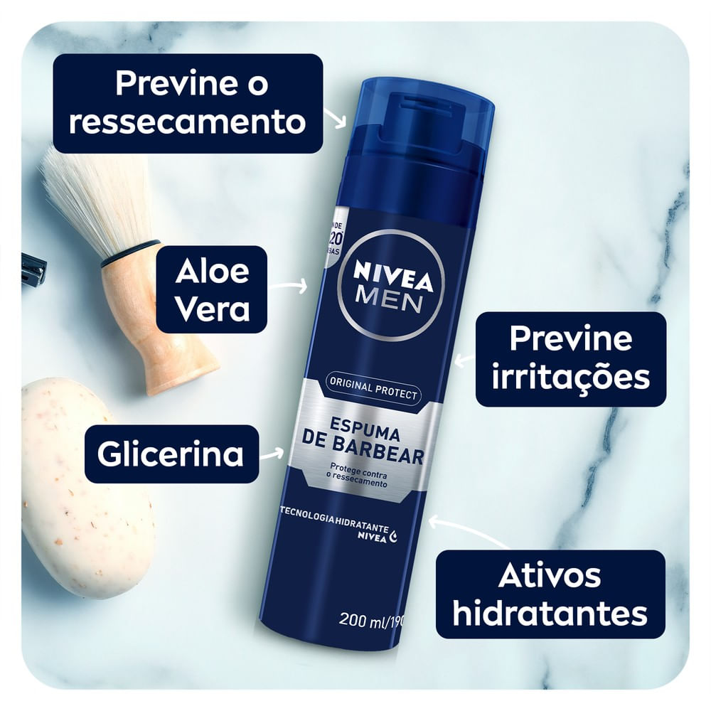 Frasco NIVEA MEN Original Protect 200ml com destaque dos ingredientes