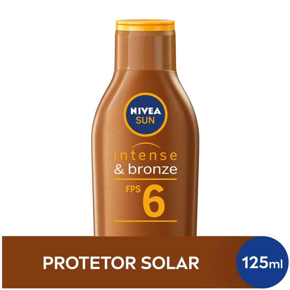Frente da embalagem da Loção Bronzeadora NIVEA SUN Intense & Bronze FPS 6, 125 ml, embalagem marrom com tampa amarela