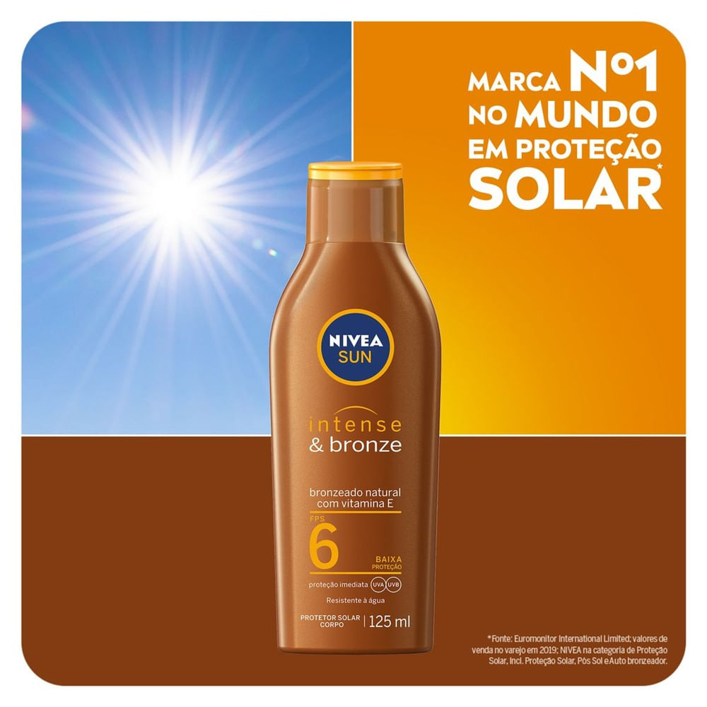 Imagem publicitária da Loção Bronzeadora NIVEA SUN Intense & Bronze FPS 6 com destaque para fórmula e resistência à água