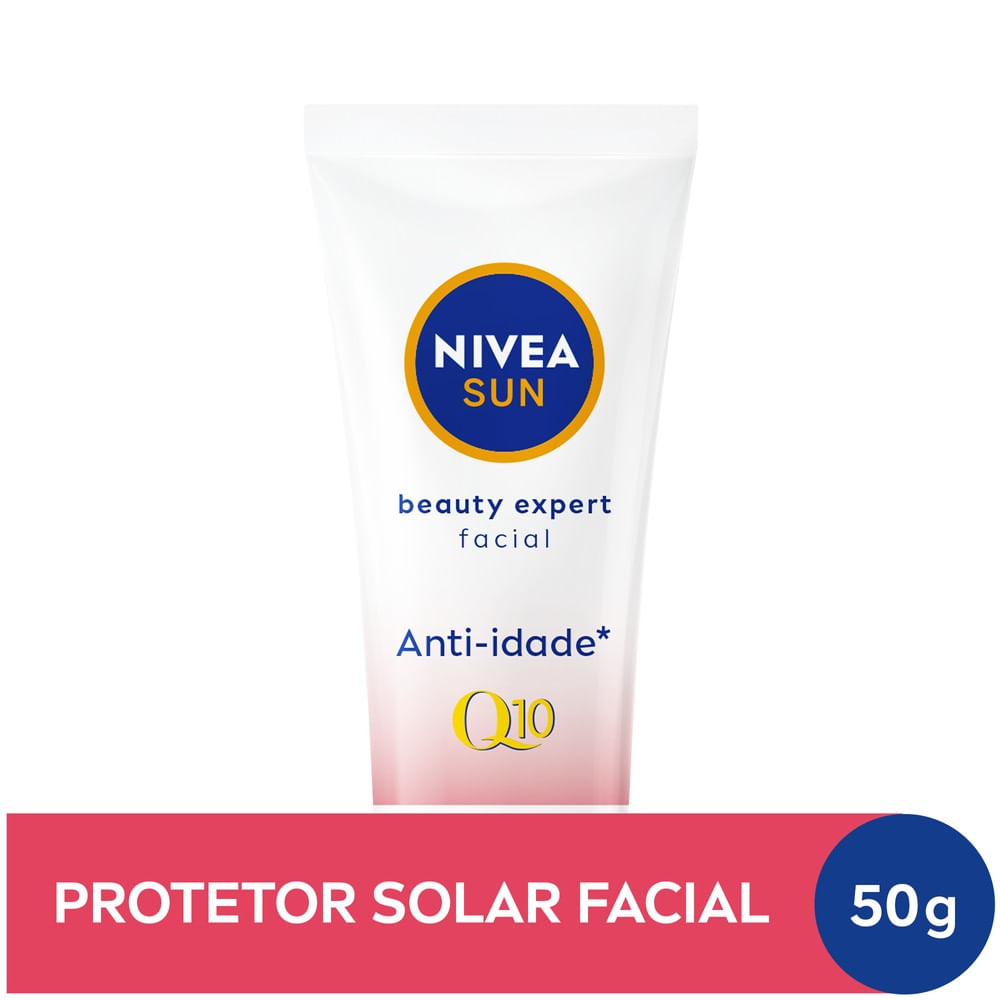 Tubo do Protetor Solar Facial NIVEA SUN Beauty Expert FPS 50 com design branco e rosa