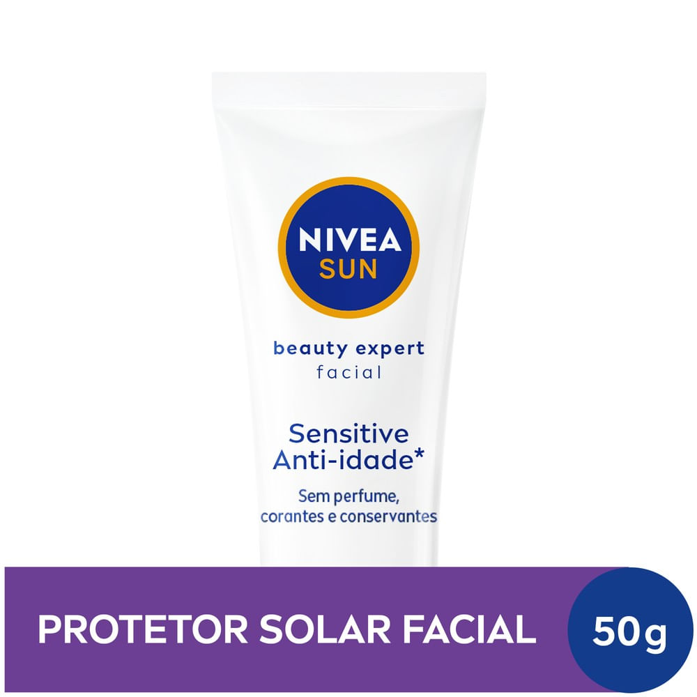 NIVEA SUN Protetor Solar Facial Beauty Expert Sensitive FPS 60 50g - embalagem bisnaga branca com tampa amarela