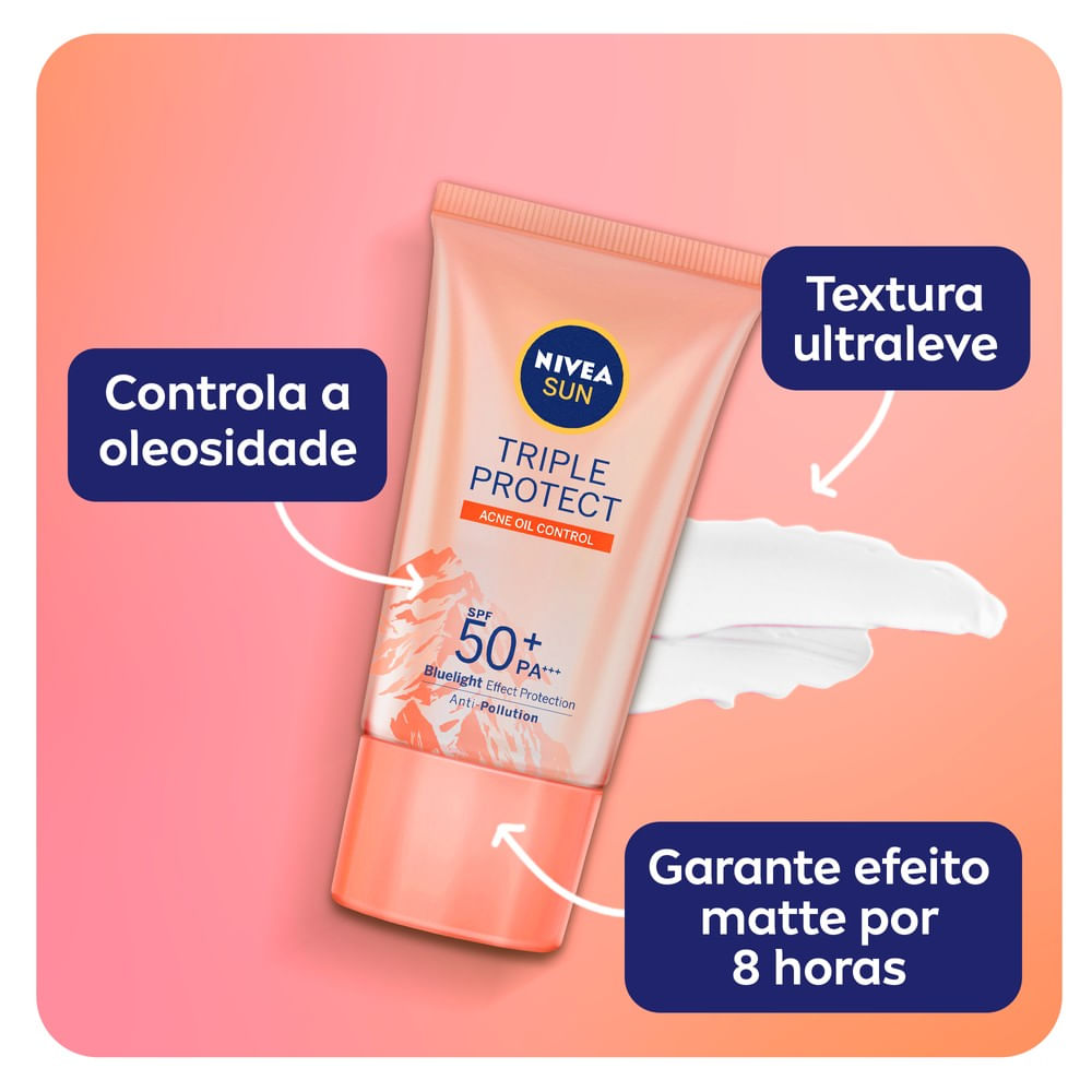 Textura e embalagem do Protetor Solar NIVEA SUN FPS50 — creme branco e bisnaga pêssego