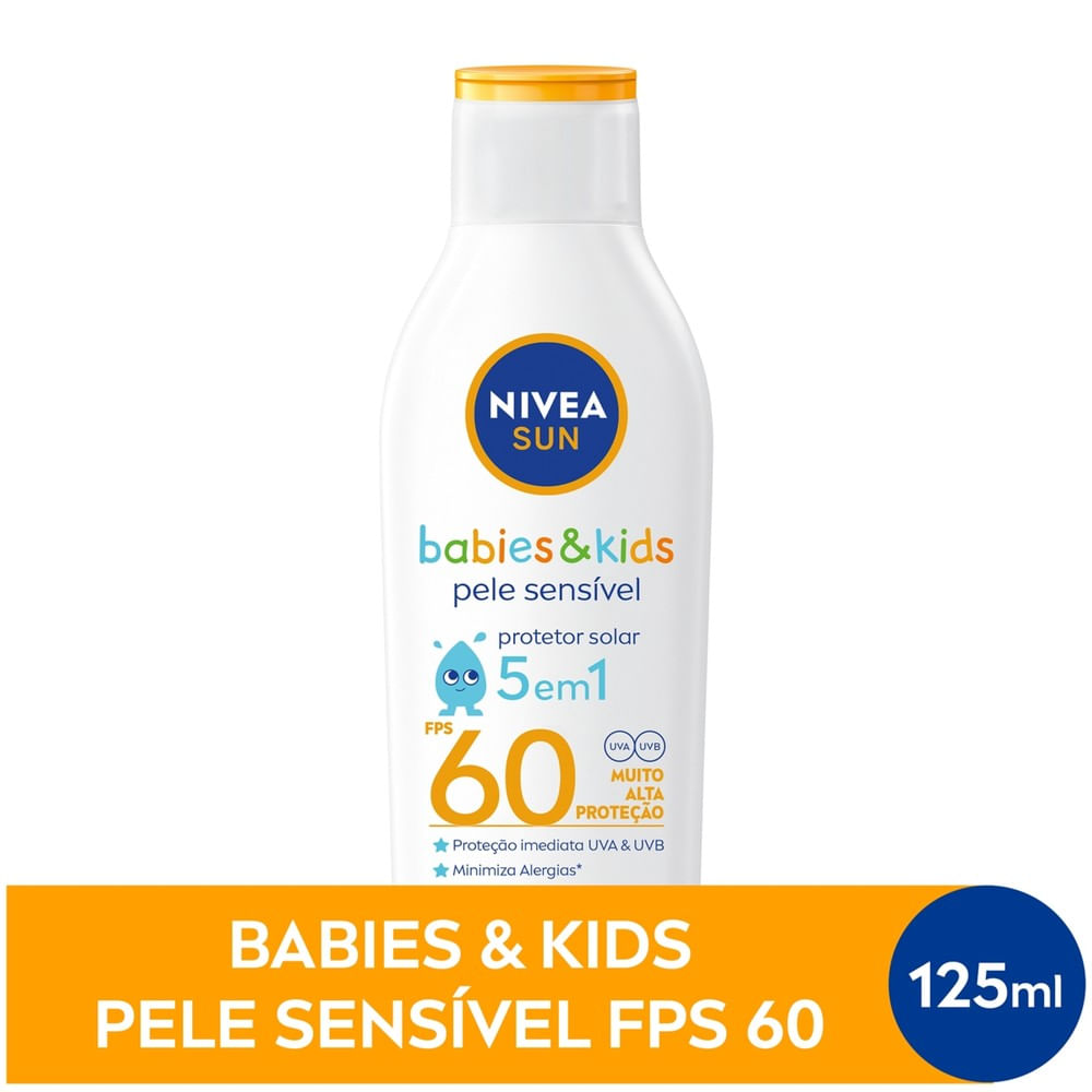 Protetor Solar Nivea Sun Kids Sensitive FPS60 125ml em embalagem branca com tampa amarela