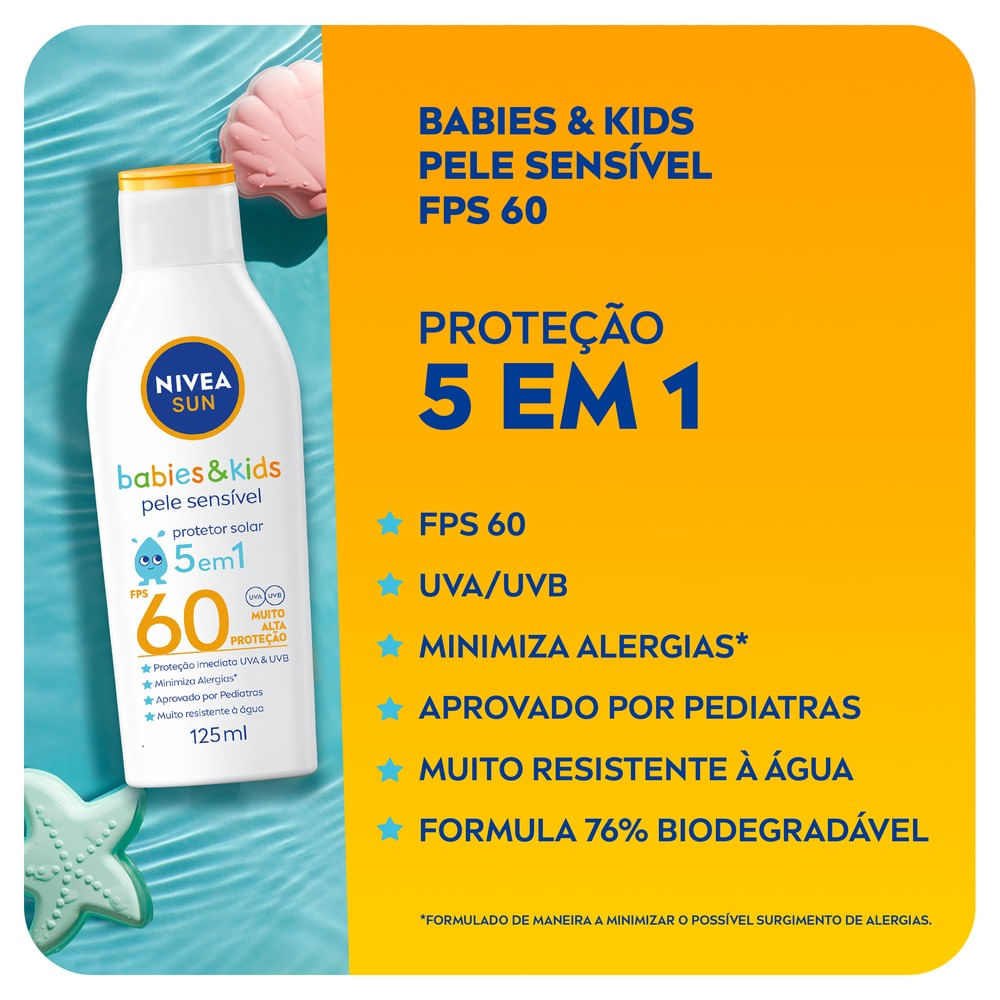 Frasco Nivea Sun Kids Sensitive FPS60 com destaque para proteção e resistência à água