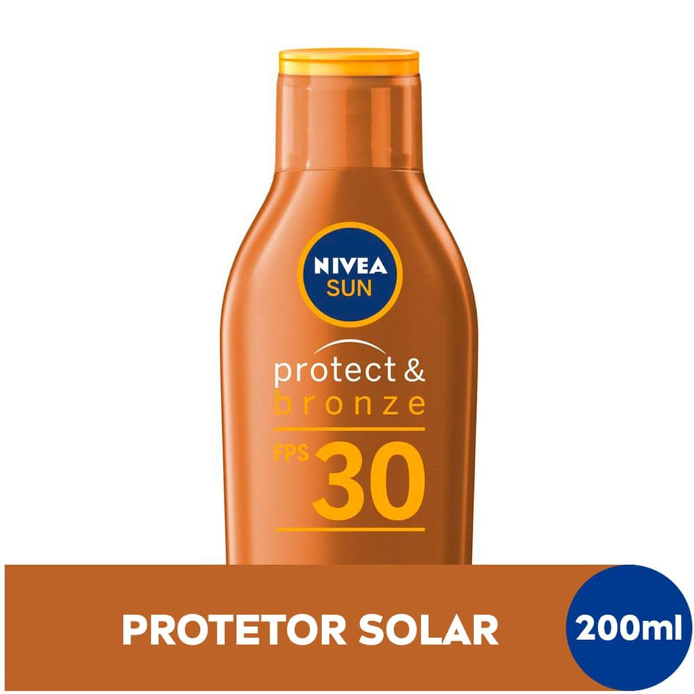 Frente da embalagem do Protetor Solar NIVEA SUN Protect & Bronze FPS30 200ml
