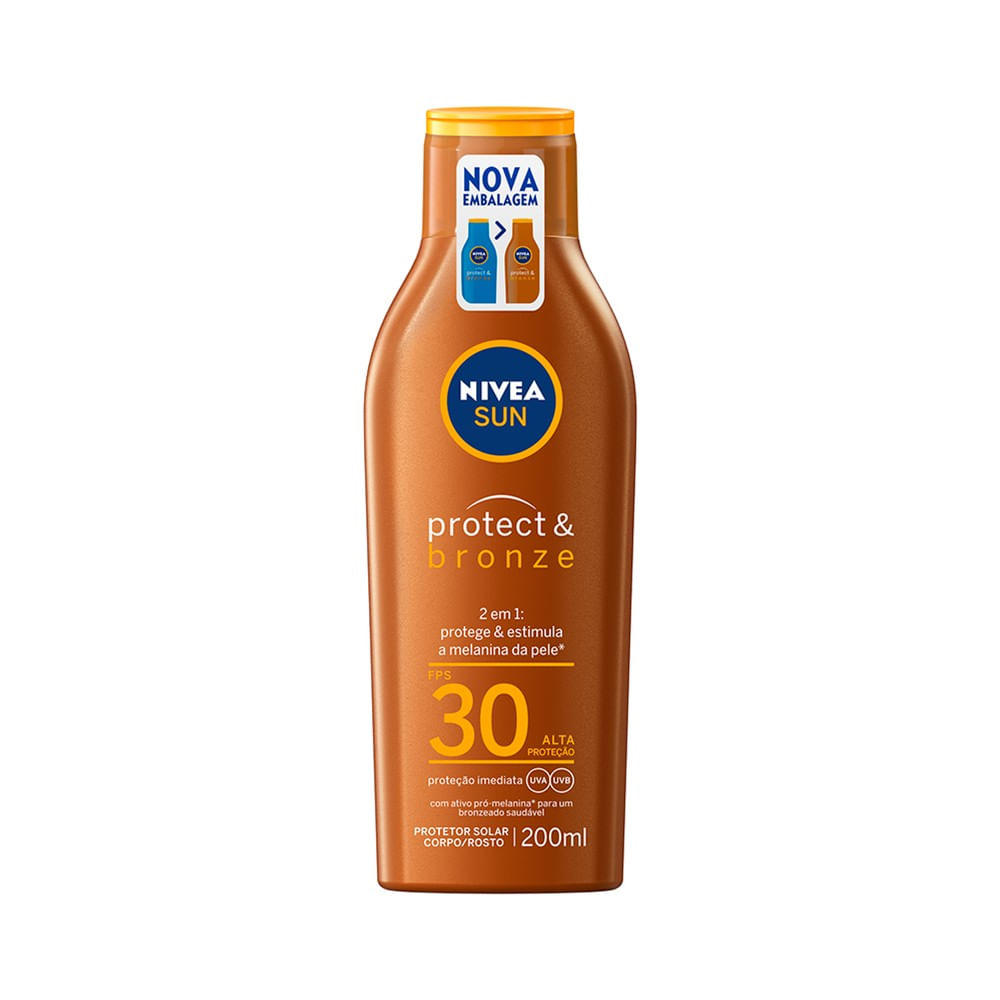 Frasco NIVEA SUN Protect & Bronze FPS30 200ml mostrando rótulo e indicações