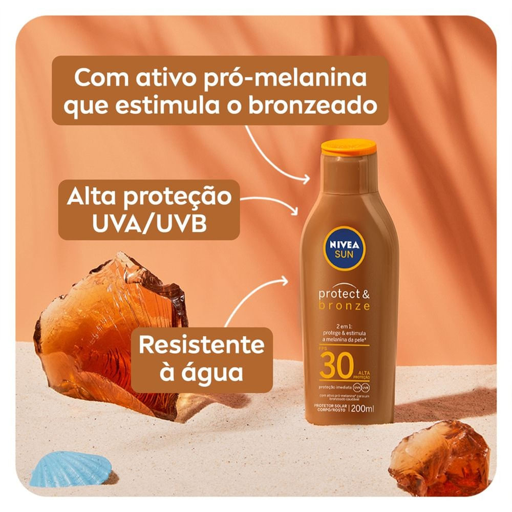 Protetor Solar NIVEA SUN Protect & Bronze destacando ativo pró-melanina e resistência à água